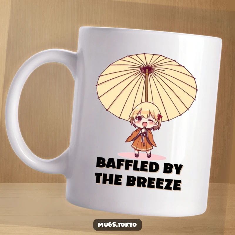 Funny umbrella struggle mug, a character comically fighting an oversized Japanese umbrella, a humorous gift for those who face challenges.