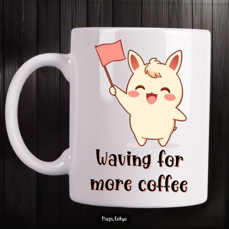 Funny mug featuring an excited character energetically waving a small paper flag with a simple, charming design, symbolizing joyful greetings.