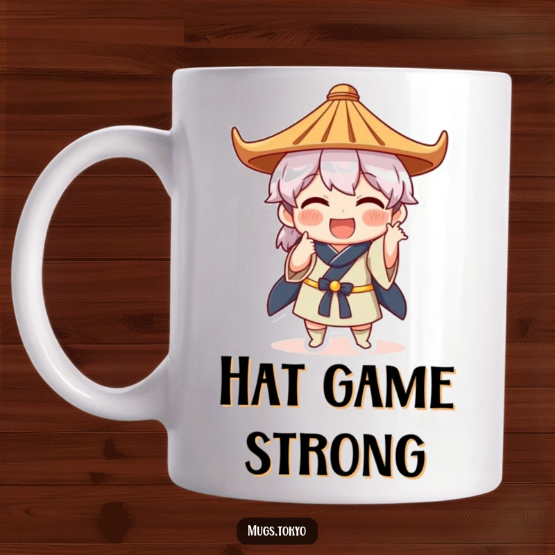 Funny mug with a character wearing a traditional Japanese hat and striking an exaggerated, humorous pose with a playful expression.