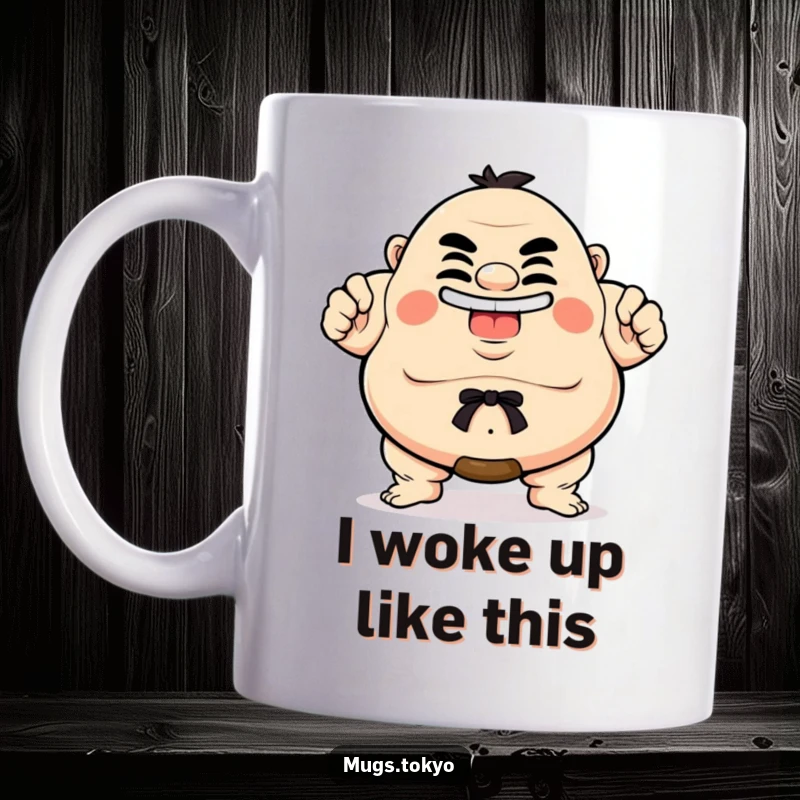 Funny Mug featuring a proud sumo wrestler character in a classic pose, grinning with hilarious confidence, ideal for gift-givers.