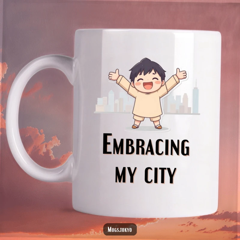 Funny city embrace mug, a joyful character with open arms welcoming a beautiful city skyline silhouette, a heartwarming and humorous design.