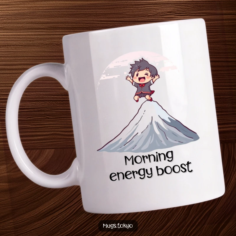 Funny Mug featuring a joyful character leaping energetically over a stylized Mount Fuji, embodying adventure and playful spirit.