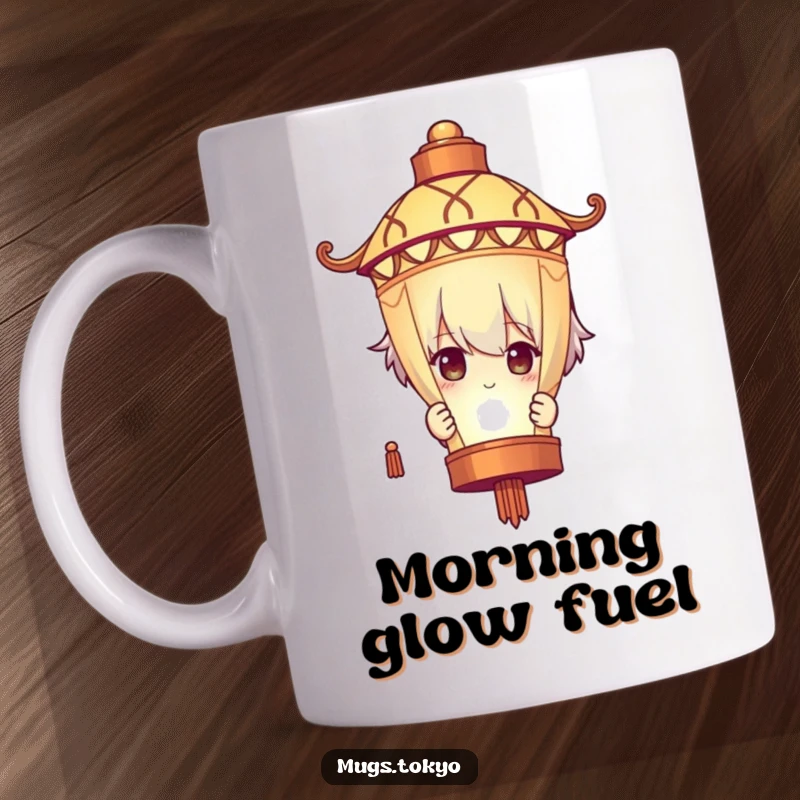 Funny Mug: A character comically peeks from behind a brightly glowing lantern, creating an atmosphere of playful mystery.