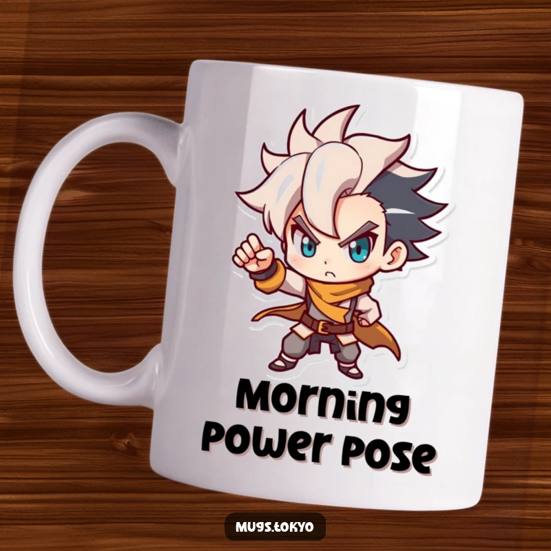 Funny mug with a determined character, stylish haircut, striking a dynamic pose. Confident and bold design.