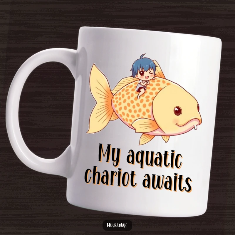 Funny mug with a tiny, joyful character riding atop a huge, majestic goldfish, symbolizing quirky adventures and pure happiness.