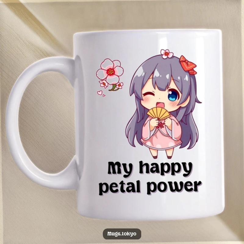 Funny cherry blossom fan mug with a smiling character excitedly waving a delicate fan adorned with pink cherry blossoms, perfect for spring.