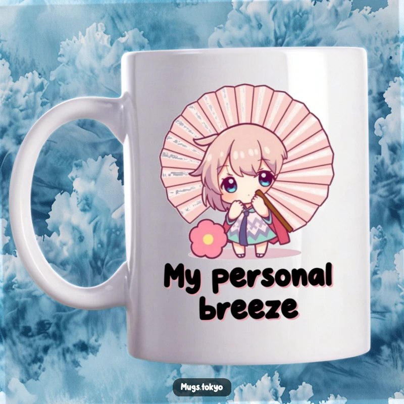 Funny mug with a character playfully peeking from behind a large, decorative fan, suggesting a moment of shy humor and fun.
