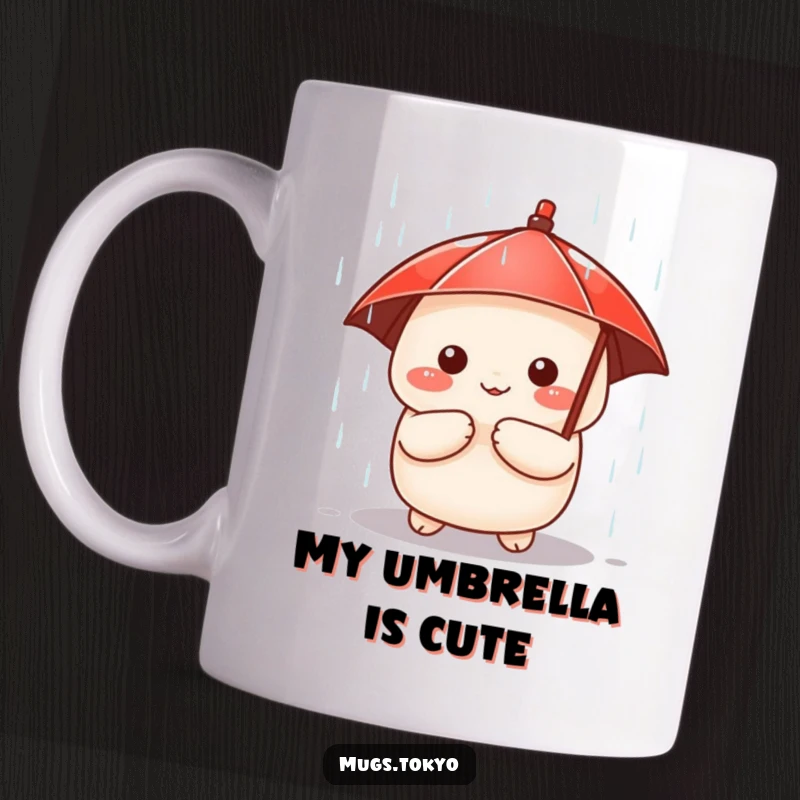 Funny mug featuring a cute dumpling character holding a tiny red umbrella, peeking out from a gentle rain shower, charming illustration.