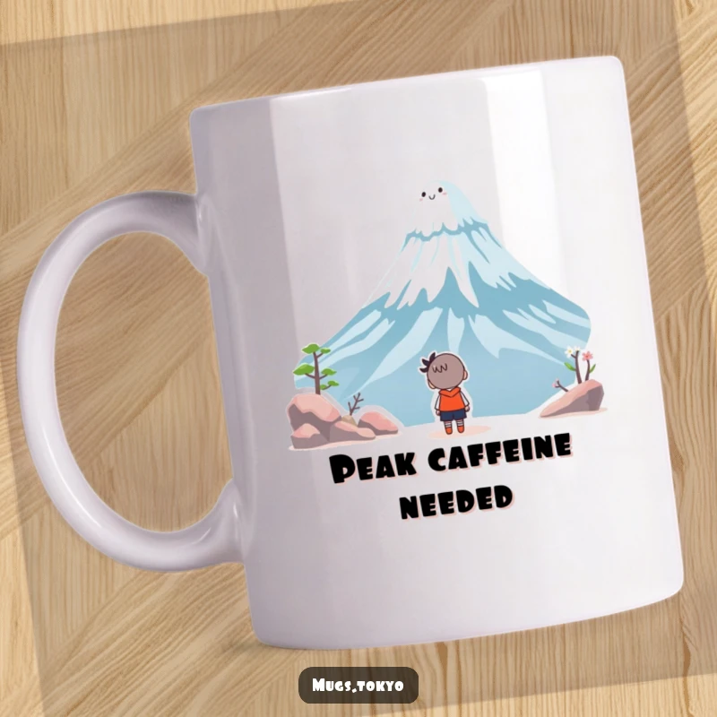 Funny mug showing a small character looking up in amazement at a large, smiling Mount Fuji under a whimsical sky.