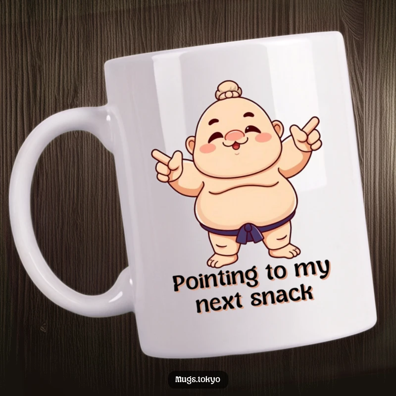 Funny mug featuring a sumo wrestler character playfully pointing with a mischievous grin, a humorous gift.