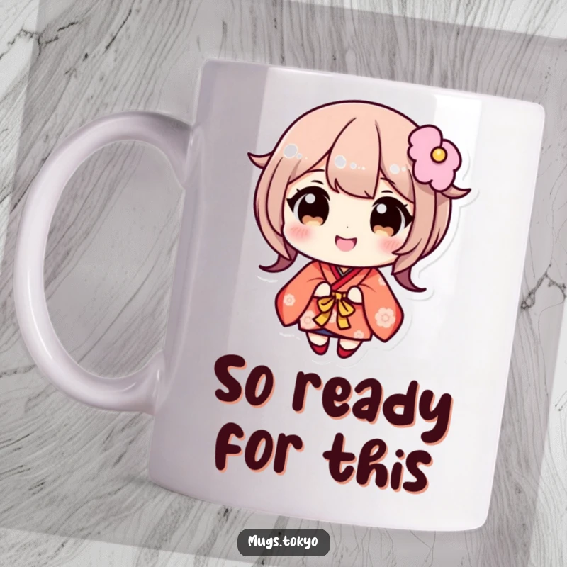 Funny mug with a cute character in a kimono, wide eyes, and a big, joyful smile. Adorable and happy design.