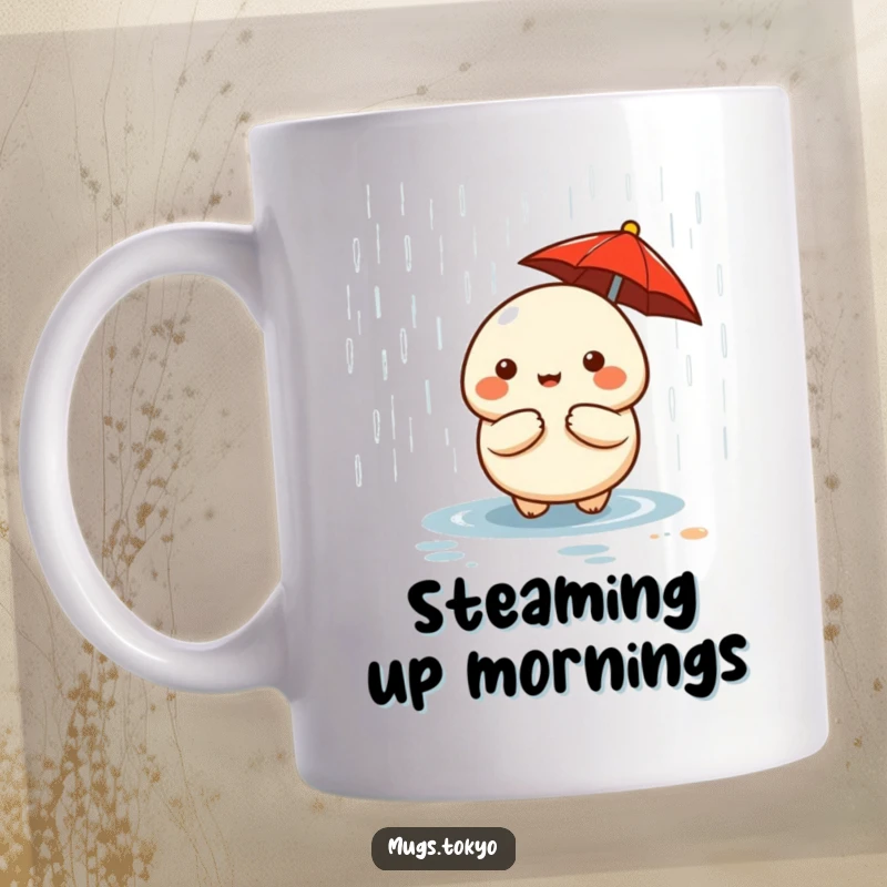 Funny cute dumpling character with a tiny red umbrella, peeking out from a rain shower, on a mug.