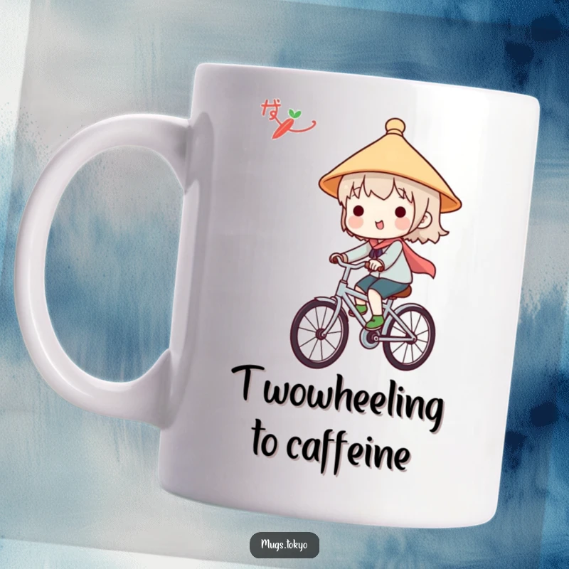 Funny mug featuring a cute character in a Japanese hat, happily cycling on a bicycle, celebrating a joyful journey.