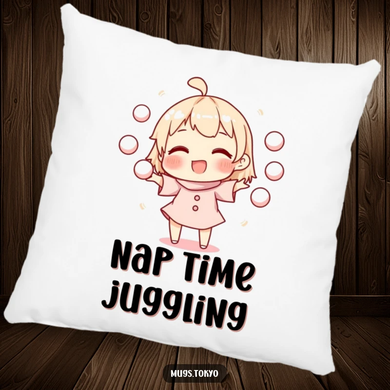 Funny pillow featuring a character happily juggling mochi balls, offering comfort and a burst of playful energy to any room.