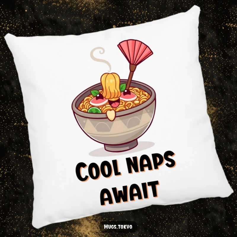 A soft pillow featuring a funny happy ramen bowl character with steam, fanning itself.