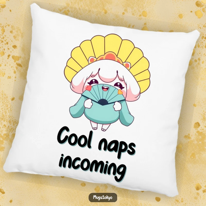 Funny pillow with a smiling character holding a gigantic novelty fan, offering comfort and cool humor.