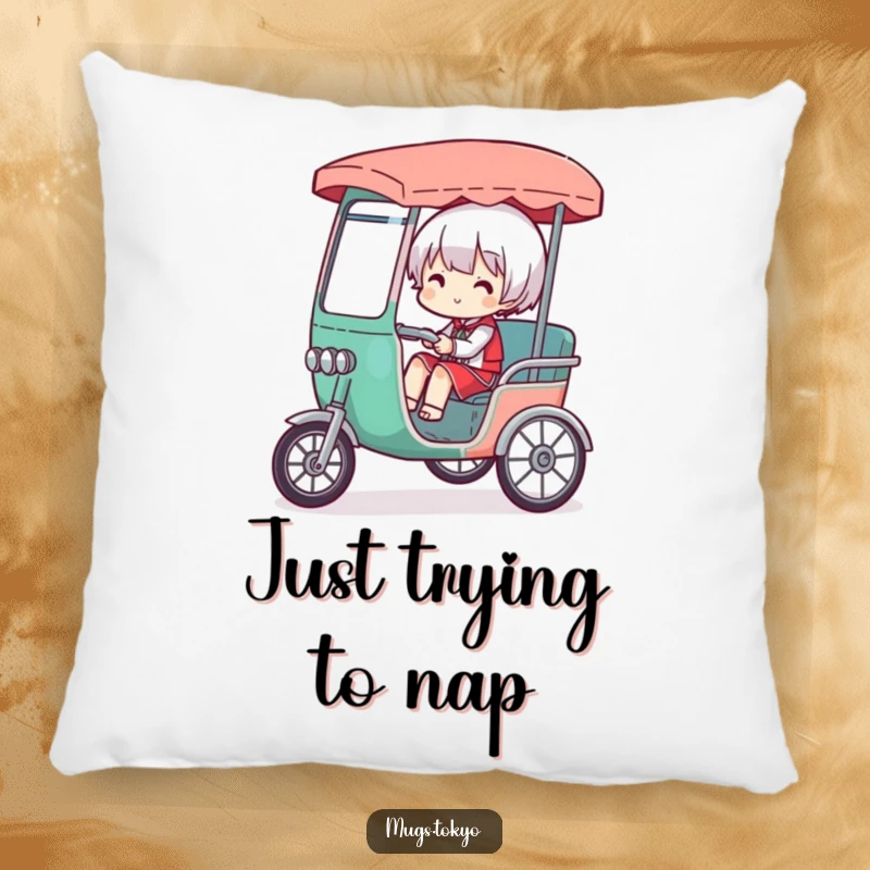 Funny pillow displaying a character comically overloaded in a tiny rickshaw, providing soft humor and a visual of life's funny burdens.