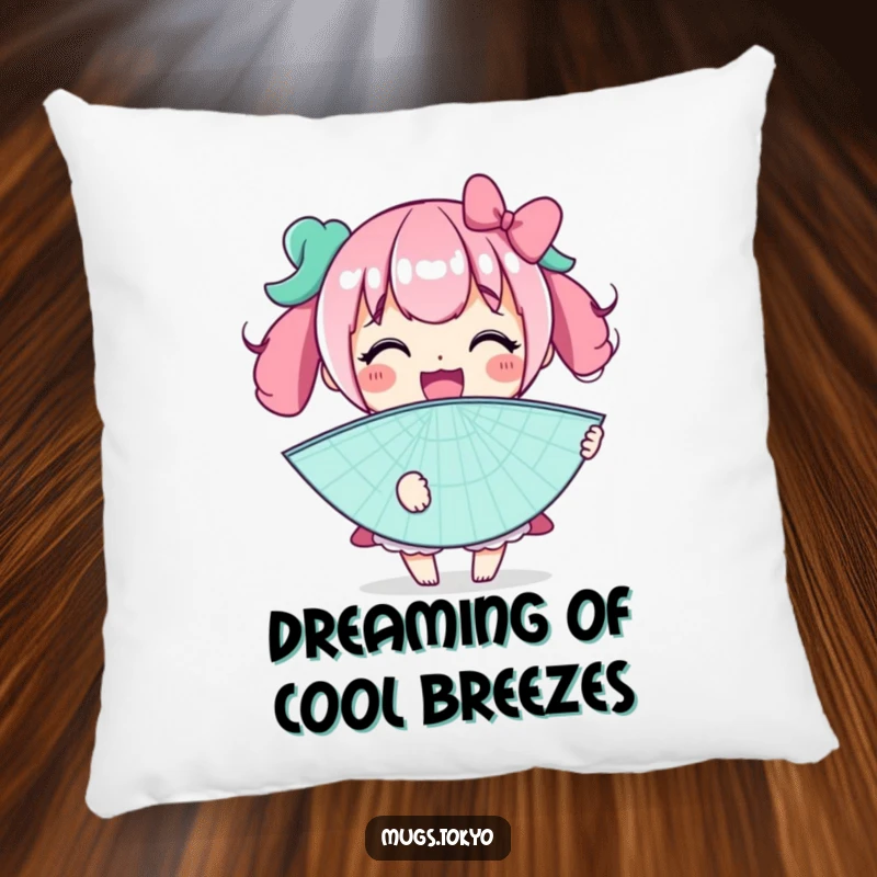 Funny pillow featuring a smiling character cheerfully holding a gigantic novelty fan, providing plush comfort and humorous appeal.