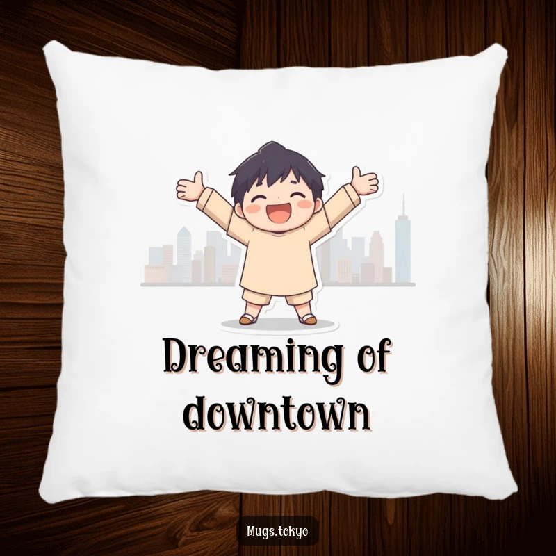 Funny city embrace pillow, a soft cushion featuring a character joyfully embracing a city skyline silhouette, comfort and urban dreams.