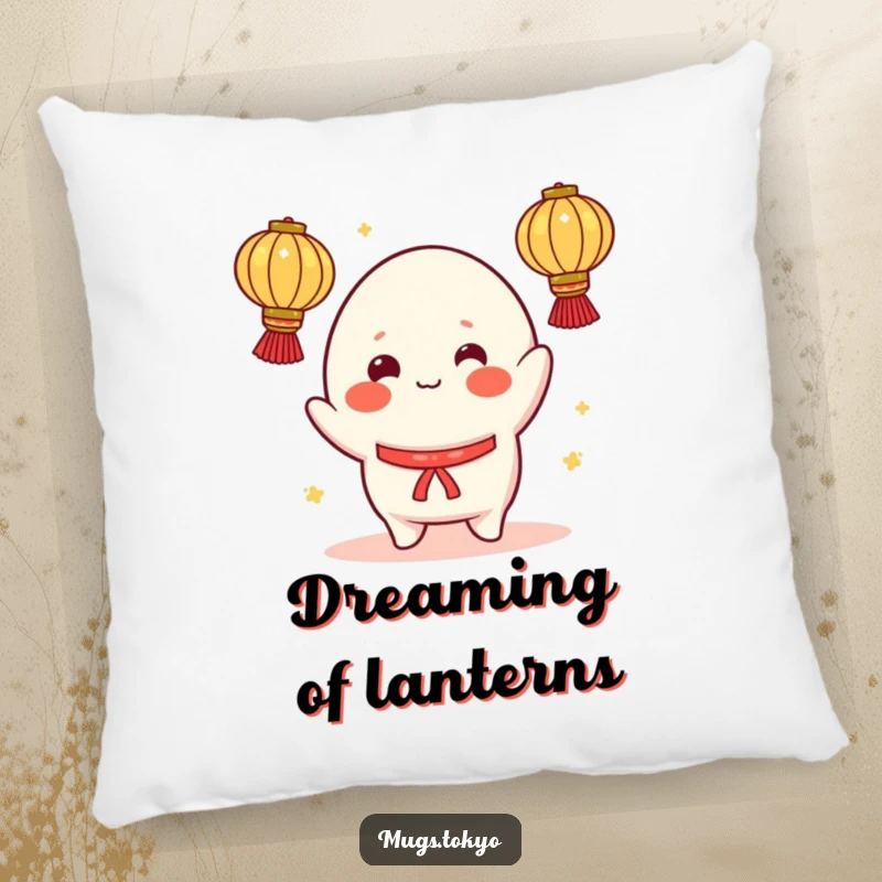 Funny pillow featuring a cheerful mochi character, rosy cheeks, juggling bright lanterns, providing a soft and humorous decorative touch.