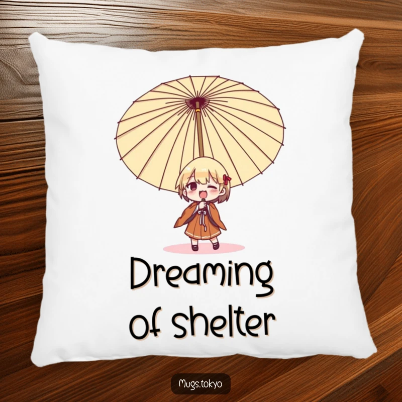 Funny umbrella struggle pillow, a soft cushion showing a character hilariously trying to open a large Japanese umbrella, comfort and humor combined.