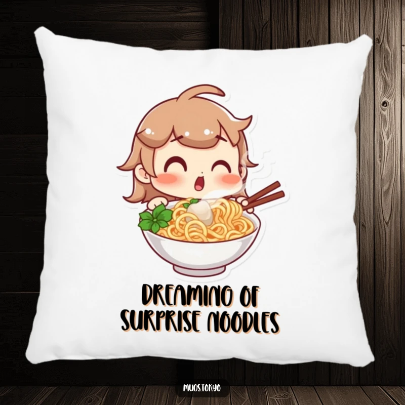 Funny pillow with a character showing a surprised expression looking at a steaming bowl of noodles, offering comfort and a dose of foodie humor, perfect for any cozy nook.