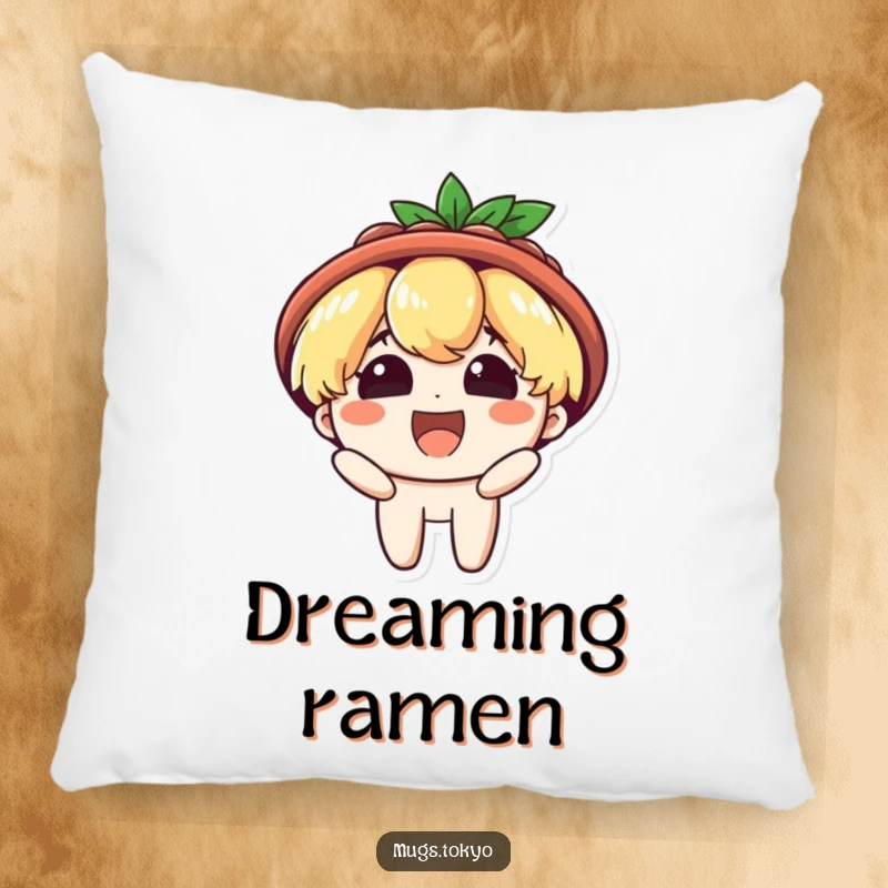 Funny pillow with a character wearing a ramen bowl hat, beaming with delight. Soft, decorative, and humorous.