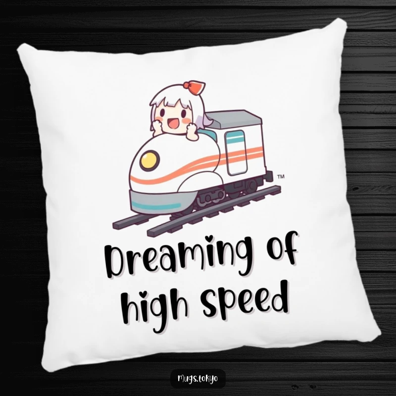 Funny pillow design showcasing a cute character comfortably seated on a miniature bullet train, full of glee.
