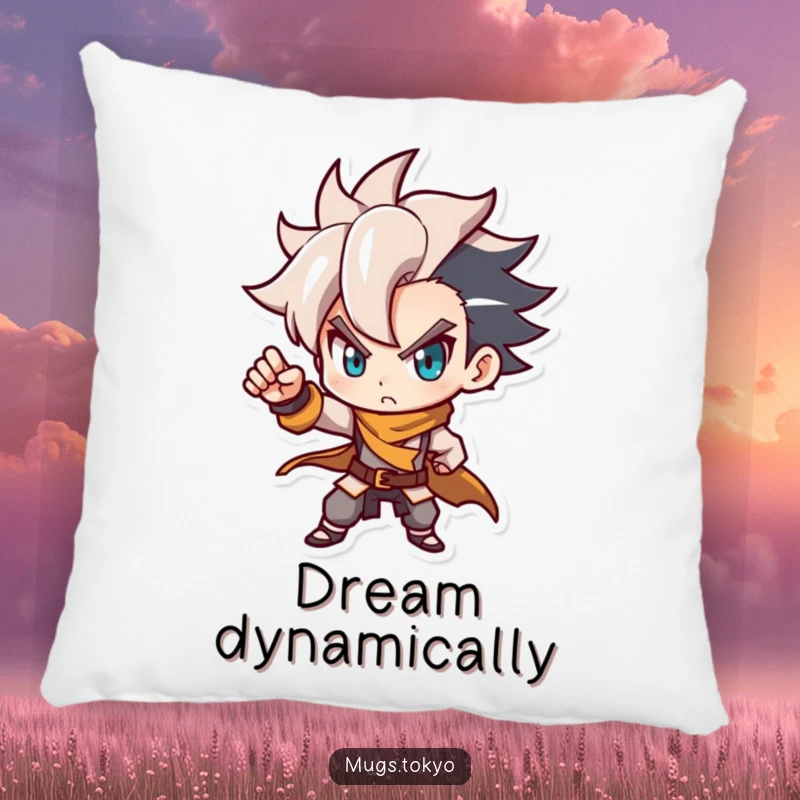 Funny pillow with a determined character, stylish haircut, posing dynamically. Soft, decorative, and humorous.