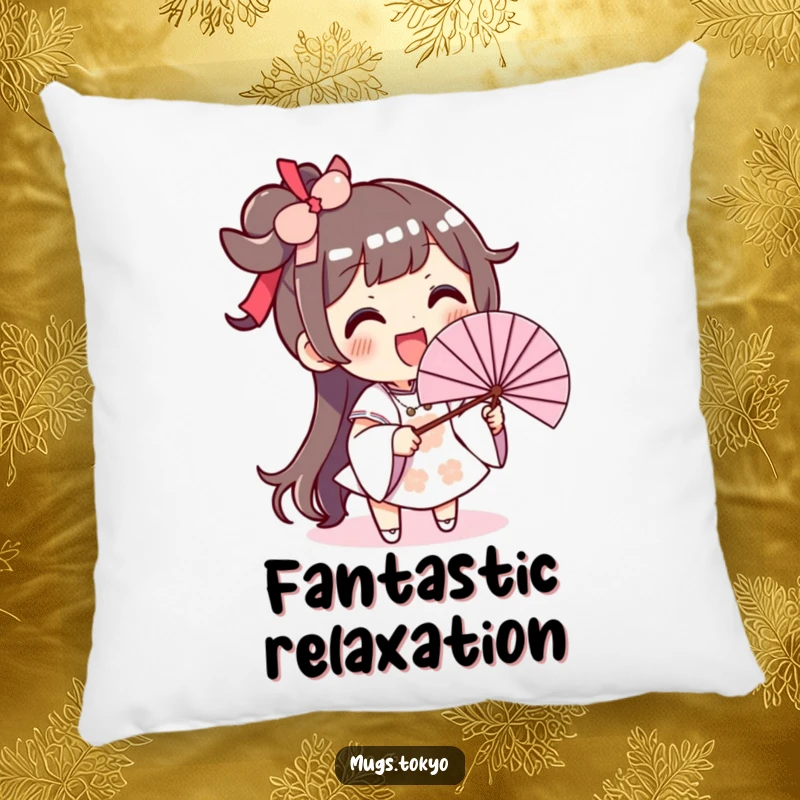 Funny pillow depicting an excited character with a big smile, waving a large fan to provide a humorous cooling effect.