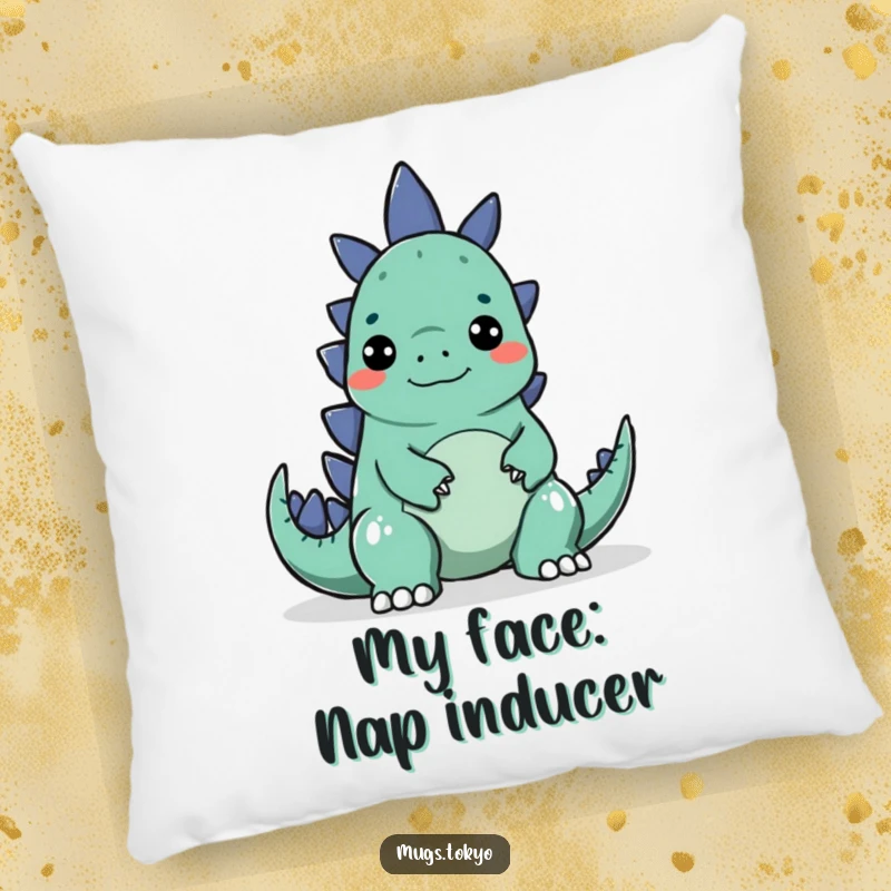 Funny pillow featuring a character making a silly face to surprise a small Godzilla, soft and humorous.