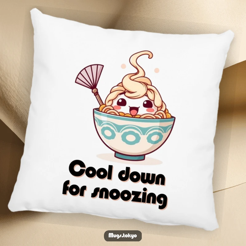 Funny pillow featuring a happy ramen bowl character with rising steam, waving a tiny fan, providing a soft and humorous decorative touch.