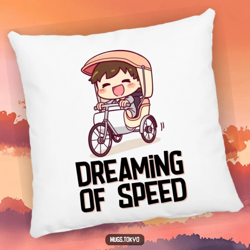 Funny Pillow featuring a gleeful character in a tiny rickshaw, zooming downhill with infectious energy, offering comfort and a side of laughter.