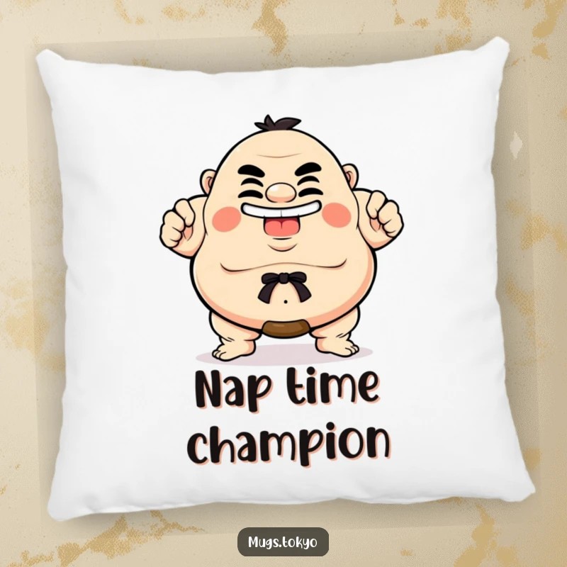 Funny Pillow with a proud sumo wrestler character, displaying a hilarious and confident grin, perfect for adding humor to seating.
