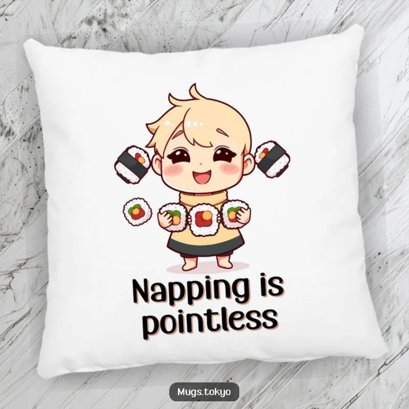 Funny Pillow with a happy character juggling three delicious sushi rolls, providing humorous comfort and home decoration.
