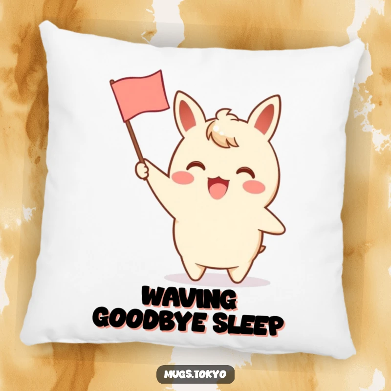 Funny throw pillow featuring an excited character waving a small paper flag with a charming design, offering comfort with a dose of cheer.