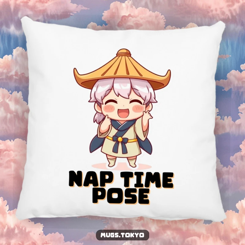 Funny pillow cover with a character in a Japanese hat striking a comical pose, designed for comfort and humorous decor.