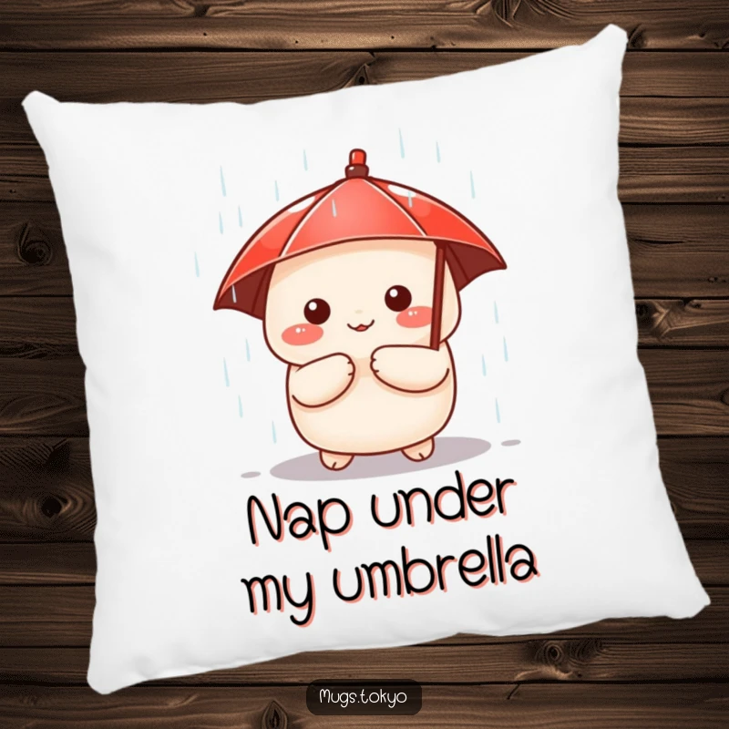 Funny pillow featuring a cute dumpling character holding a tiny red umbrella, peeking from the rain, soft and humorous decor.