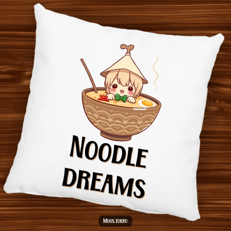 Funny pillow with a cute character in a paper hat peeking from a ramen bowl, offering comfort and noodle-themed amusement.