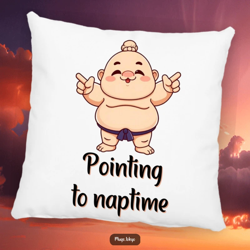 Funny pillow featuring a sumo wrestler character playfully pointing, perfect for adding comfort and humor.