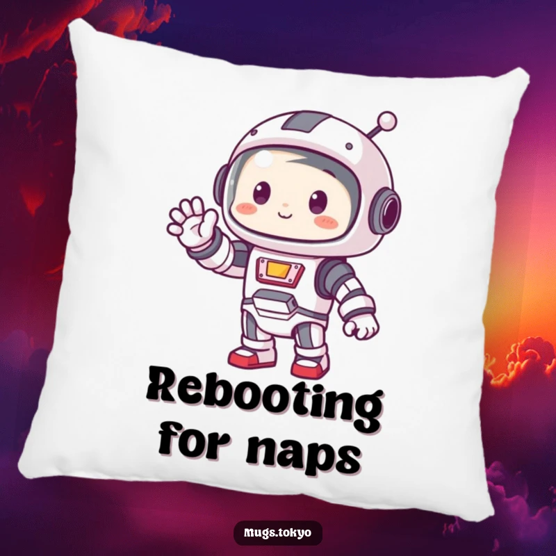 Funny throw pillow featuring a cute character in a small robot costume waving a friendly greeting.