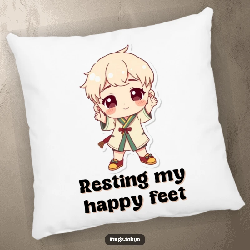 Funny character in traditional footwear striking a playful pose on a soft and humorous decorative pillow.