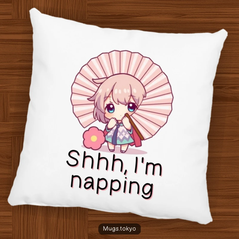 Funny pillow displaying a character playfully peeking from behind a large decorative fan, offering soft humor and a shy, whimsical touch.