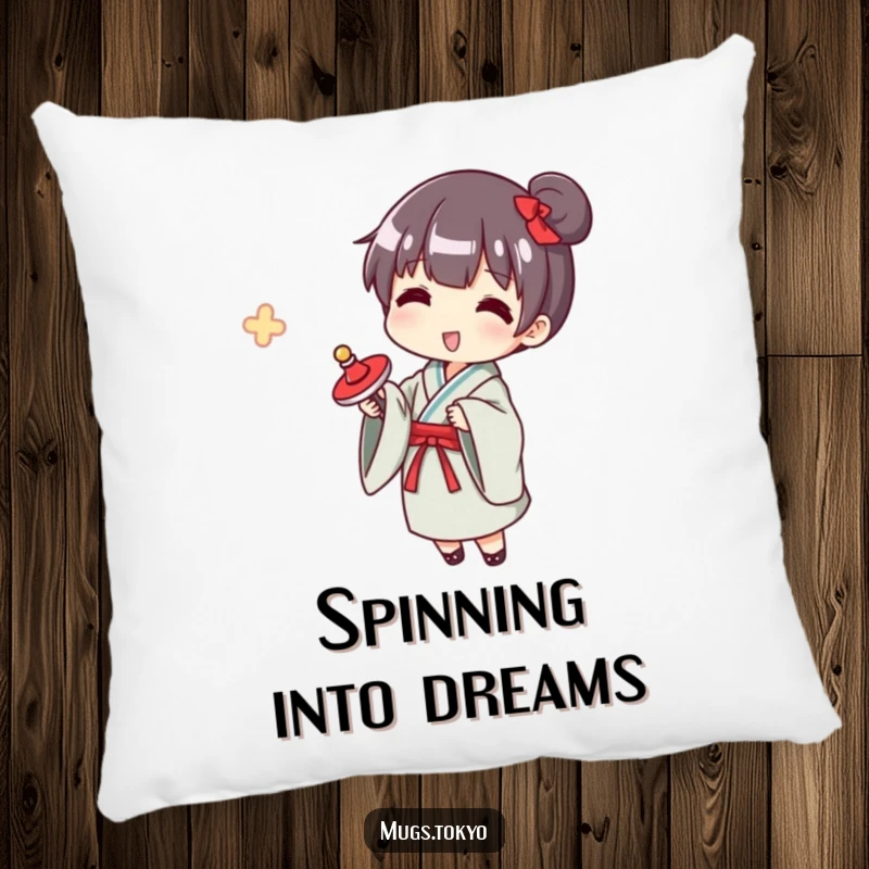 Funny yukata spinner pillow, a soft cushion featuring a character in a yukata happily spinning a top, comfort and retro charm.