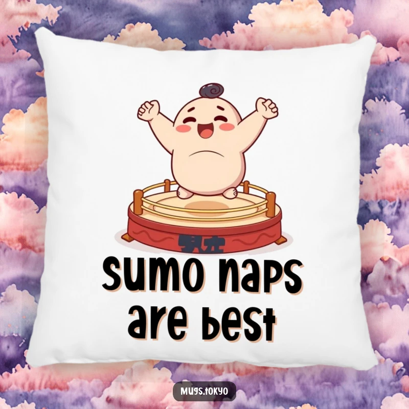 Funny pillow featuring a character cheerfully bouncing on a small sumo ring, soft and humorous.