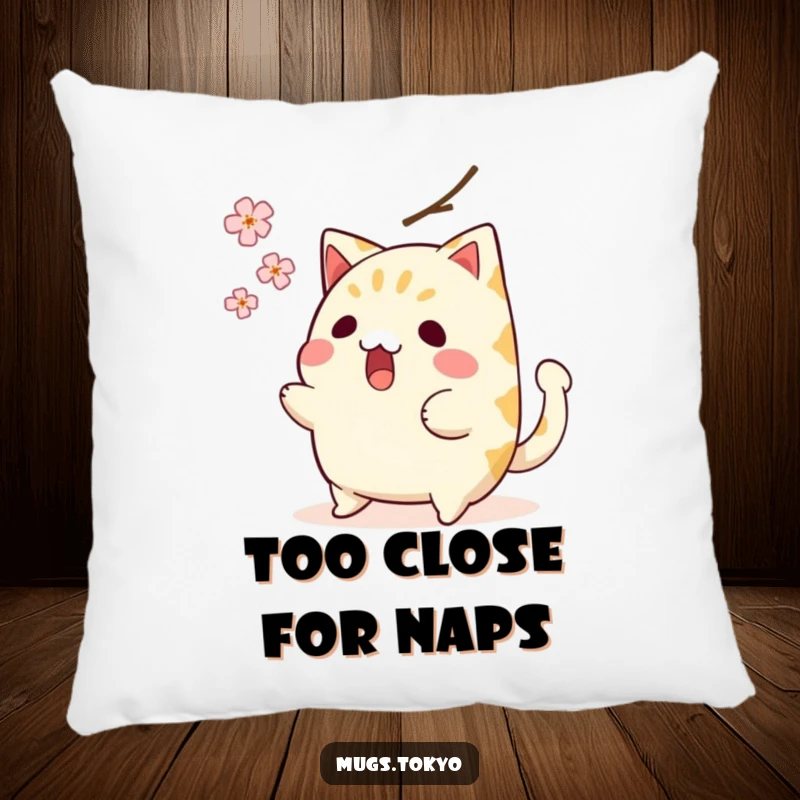 Funny pillow featuring a surprised taiyaki character, tail wagging, narrowly avoiding a falling cherry blossom, adding humor to decor.
