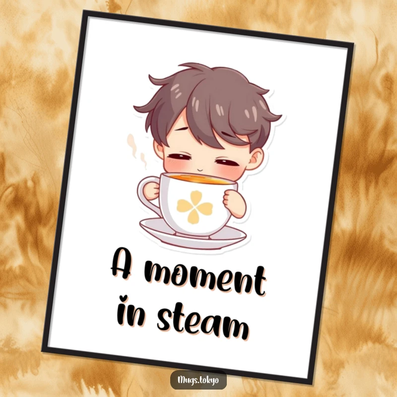 Funny digital art print of a character peacefully sipping from a tiny, steaming tea cup, perfect for decor.