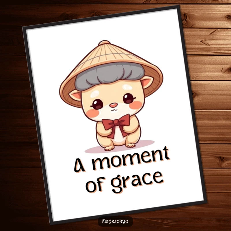 Funny digital art of a cute creature in a Japanese hat bowing shyly, bringing instant smiles and a touch of gentle humor.