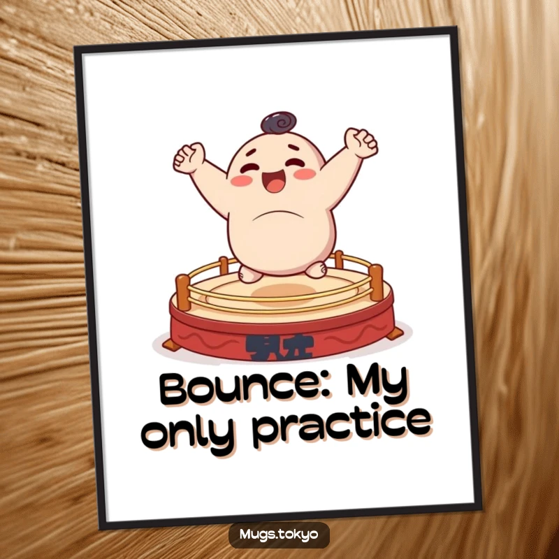 Funny digital art of a character happily bouncing on a small, stylized sumo ring, vibrant and humorous graphic.