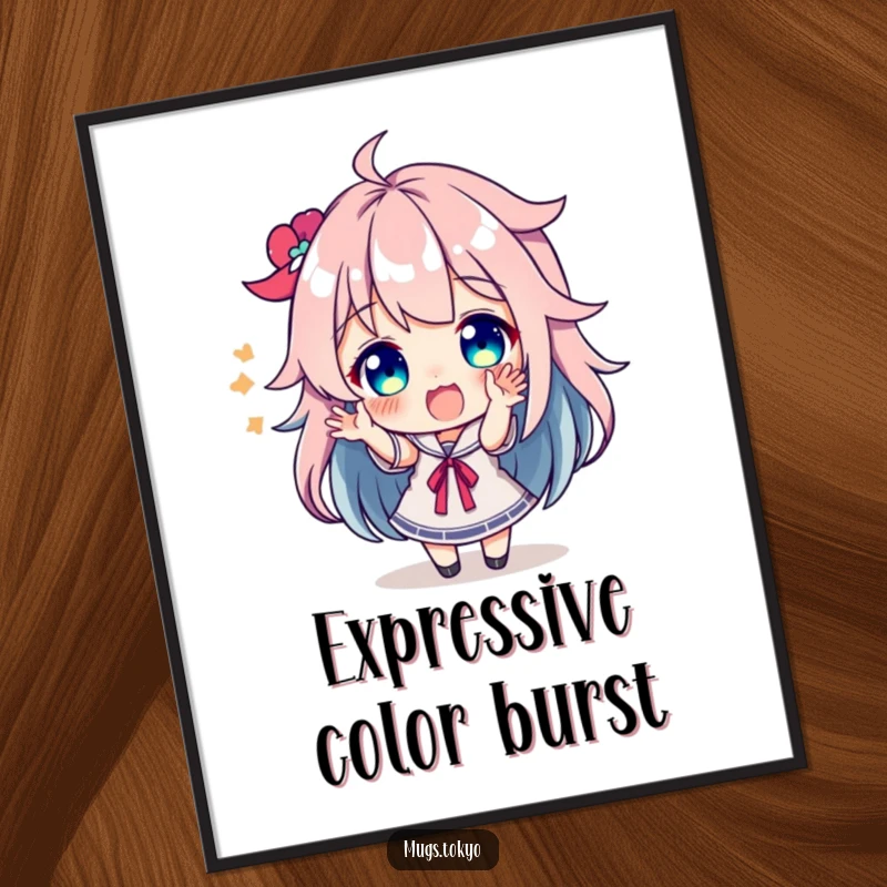 Funny character with bright, colorful hair making excited gestures, designed as a printable digital art piece for instant decor.